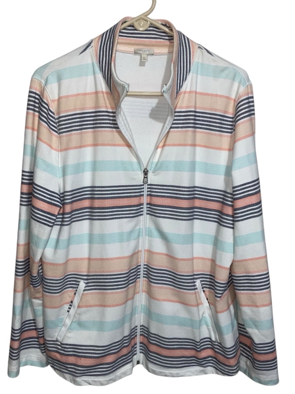 Talbots Top Womens XL Full Zip Long Sleeve Stripe Nautical Coastal Pockets Prep